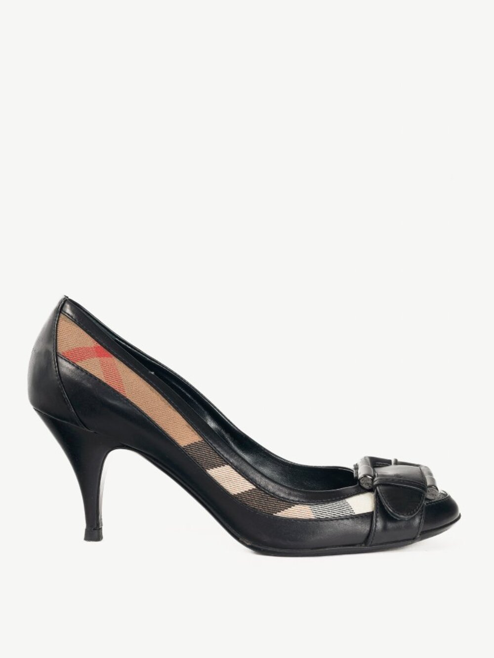 Burberry Check Canvas & Leather-Trim Buckle Pumps
